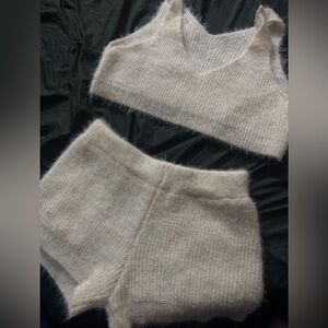 Fuzzy Two Piece Cream Knit Shorts and Top Loungewear Matching Set